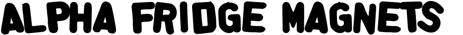 The text 'ALPHA FRIDGE MAGNETS' written in black, using a chunky, rounded, all-caps font that resembles classic plastic refrigerator magnet letters.