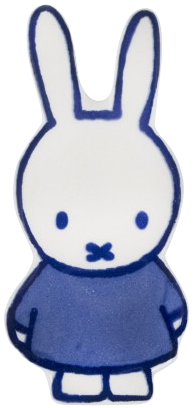 Miffy, a white bunny with tall ears, is hand-drawn in a dark blue ink standing up with her arms at her sides. She has a neutral facial expression and is wearing a lighter navy blue long sleeve shirt.