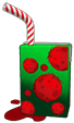 A green juice box with red jumbleberries on the carton, a red & white striped straw, and a splash of juice underneath it, in a cartoon video-game art style.