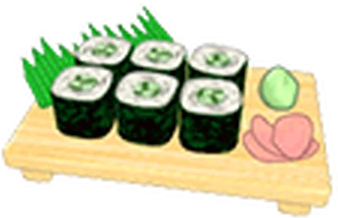 wooden board with sushi rolls sitting on top