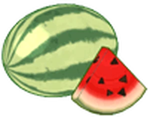a whole green striped watermelon with a triangular slice of red watermelon sitting in front of it.