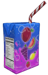 A cartoon video-game art style juice box with a blue-to-purple gradient and various fruits on the carton, with a nutrition facts label on the side, and a red & white striped straw sticking out of the top.